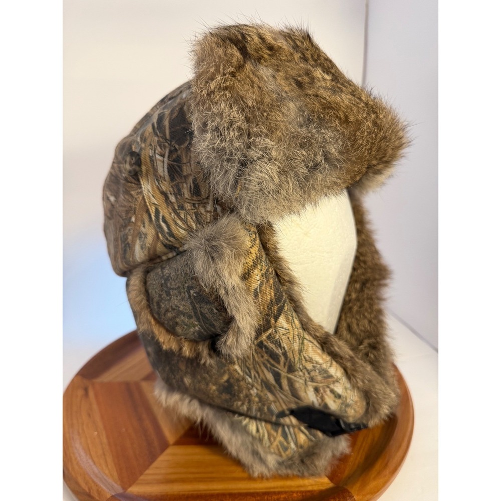Mad Bomber Mossy Oak Camo Trapper Hat Natural Rabbit Fur Aviator XL Mens Brown